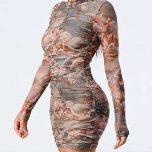 TRENDY PRINT LONG SLEEVE BODYCON DRESSPD71689N-W